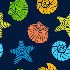 Print. Bright pattern with marine life. Seamless background with seashells and starfish. Summer bright background. Fabric, paper.