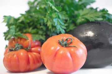 vegetables background, parsley, tomatoes, eggplant