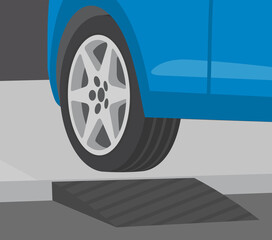 Driving rules and tips. Close-up view of a black plastic driveway curb ramp for driveways. Flat vector illustration template.