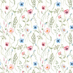 Beautiful seamless floral pattern with watercolor gentle spring flowers. Stock illustration.