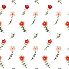 Raster seamless pattern with stylized red and pink flowers.  Stylish background with tiny wild flowers on white background. Floral pattern for fabric, dress, textile, wrapping paper, etc.