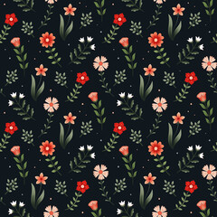 Raster seamless pattern with stylized flowers in nature color.  Stylish background with tiny wild flowers on black background. Floral pattern for fabric, dress, textile, wrapping paper, etc.