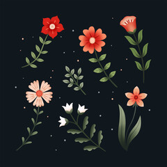 Collection of raster stylized flowers in nature color. Stylish wild flowers on black background. Set of floral isolated elements for fabric, dress, textile, wrapping paper, etc.