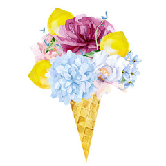 Watercolor ice cream in waffle cone with roses flowers, lemon and wildflowers. Summer illustration for print and greeting card.