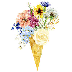 Watercolor ice cream in waffle cone with roses flowers, wildflowers, field floral, ditsy flower. Summer illustration for print and greeting card.