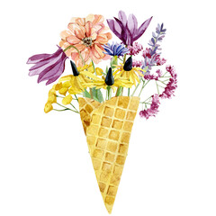 Watercolor ice cream in waffle cone with wildflowers, field floral, ditsy flower. Summer illustration for print and greeting card.