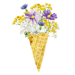 Watercolor ice cream in waffle cone with hebs plant, wildflowers, field floral, ditsy flower. Summer illustration for print and greeting card.