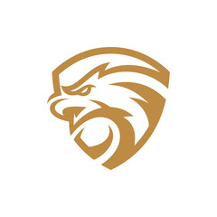 Eagle head and shield line art logo design. Falcon or hawk badge emblem vector icon