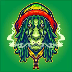 Fotobehang Rasta lion with weed smoke Vector illustrations for your work Logo, mascot merchandise t-shirt, stickers and Label designs, poster, greeting cards advertising business company or brands. © Art Graris