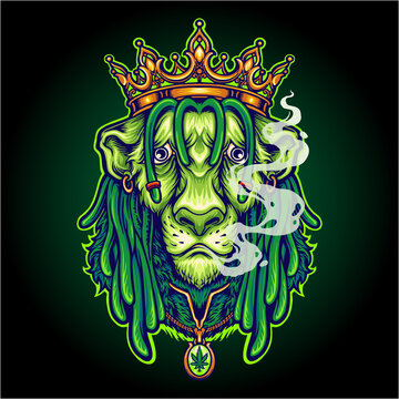 Funky lion king crown with weed smoke Vector illustrations for your work Logo, mascot merchandise t-shirt, stickers and Label designs, poster, greeting cards advertising business company or brands
