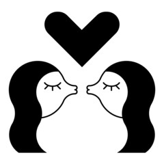 Lesbian couple kissing pictogram vector illustration. Heart above heads.