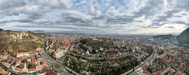 Aerial drone panoramic view of the old Brasov centre, Romania