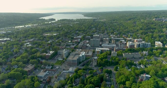 Spring evening aerial view of the City of Ithaca, Tompkins County, New York	