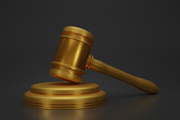 3D render Gold Judge hammer icon law gavel. A goldenen judge gavel with stand on black background. Auction court hammer bid authority symbol, side view Law concept. 3d rendering illustration.