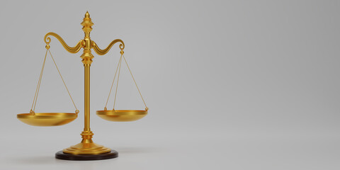 3D render Gold brass balance scale isolated on white background. Scales of justice, Symbol of law and justice concept. Copy space for texts. 3d rendering illustration.