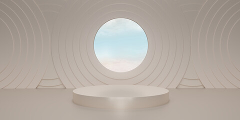 Shiny beige round pedestal  with blue sky on studio  backdrops. Beige  Blank display or clean room for showing product. Minimalist mockup for podium display or showcase. 3D rendering.