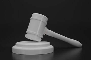 3D render white Judge hammer icon law gavel. A white judge gavel with stand on black background. Auction court hammer bid authority symbol, side view Law concept. 3d rendering illustration. - obrazy, fototapety, plakaty