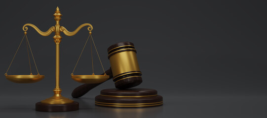 3D render wooden judge gavel with  Gold brass balance scale  on dark background. Judge hammer icon law gavel.  Auction court hammer bid authority symbol, concept. 3d rendering illustration.