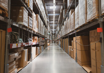 Fototapeta premium Distribution warehouse interior. Shelve with boxes in modern factory warehouse.
