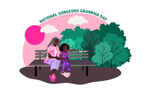 National Gorgeous Grandma Day Vector. Stylish African American Elderly Woman. Happy And Smiling Elderly Woman Vector With Her Grandchild