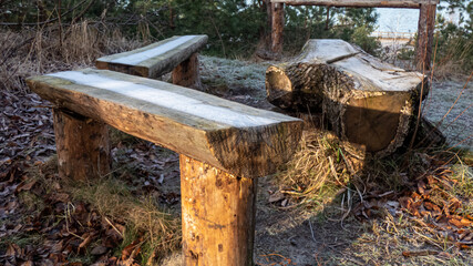 Holzbänke und Tisch aus alten Baumstämmen umgeben von einem Holzzaun an einem Waldrand