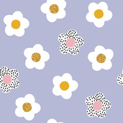 Funny seamless pattern with chamomiles. Childish summer print. Vector hand drawn illustration.