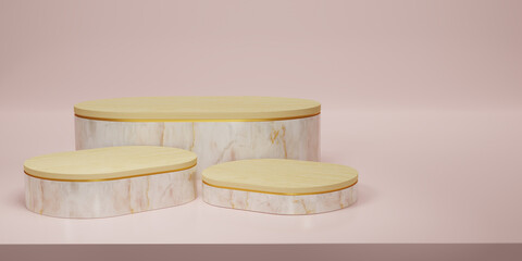 Shiny pink marble with wooden on top of oval pedestal or podium in pink studio backdrops. Blank display  for showing product. Copy space. Minimalist mockup for showcase. 3D rendering.