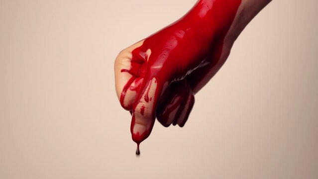 Close-up shot of a murderer showing a bloody hand.
