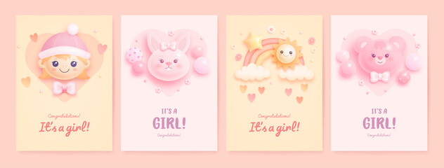 Fototapeta na wymiar Set of baby shower invitation with cartoon girl, rainbow, sun, bear and bunny on pink and beige background. It's a girl. Vector illustration