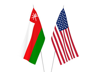 National fabric flags of America and Sultanate of Oman isolated on white background. 3d rendering illustration.