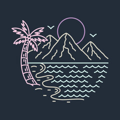 Beauty view of beach with mountains in summer graphic illustration vector art t-shirt design