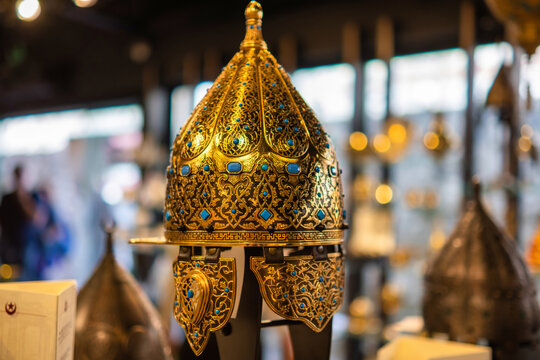 The religious turkish hemlet from gold dressed by the Sultan in a local turkish museum