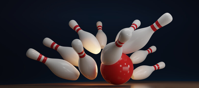 3d render red bowling ball crashing into the pins on dark blue background. Bowling ball striking against pins. Concept of success and win. 3D rendering illustration.