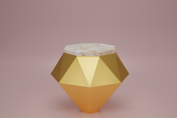 3D render gold hexagon cube, Golden diamond pedestal podium with marble on top in pink background. Concept scene stage showcase, product, promotion sale, banner, presentation, cosmetic. 3D rendering.