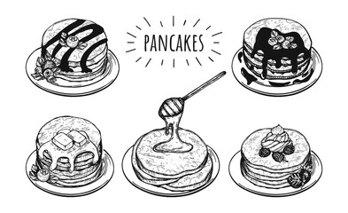 pancakes set vector sketch. chocolate pancake with berries on plates vector sketch. pancakes with honey on plates vector drawing. pancakes with berries vector hand drawn doodles