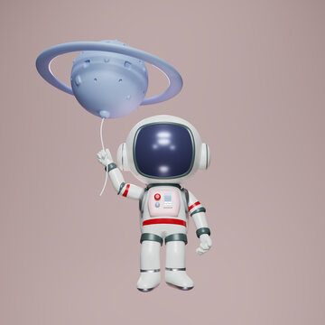 3D render An astronaut holds a balloon made of Saturn. Cartoon character astronaut floating in space with a tiny planet. 3d rendering illustration.