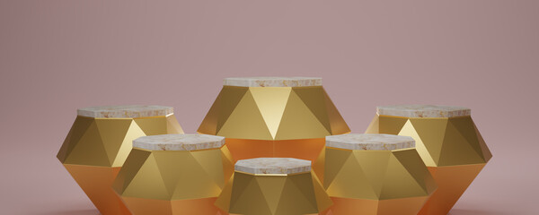 3D render gold hexagon cube, Golden diamond pedestal podium with marble on top in pink background. Concept scene stage showcase, product, promotion sale, banner, presentation, cosmetic. 3D rendering.