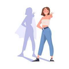Shadow of Woman Superhero Character Standing and Smiling Vector Illustration