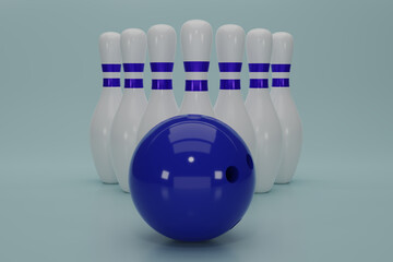 Obraz premium 3d render Blue bowling ball crashing into the pins on light blue background. Concept of success and win. 3D rendering illustration.