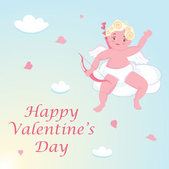 Cute baby Cupid isolated on sky background.