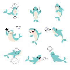 Comic Blue Shark with Fins as Marine Animal Floating in the Ocean Vector Set