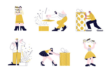 Set of people take and give gifts and surprises