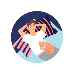 Round red template with Young man character is lying on back in bed with insomnia