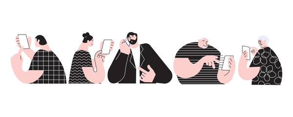 Set of people talking by modern telephone