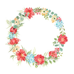 Wreath with red peonies and leaves.