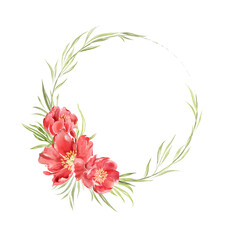 Round wreath of red flowers and greenery.