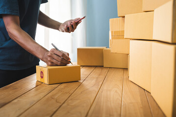 Young entrepreneur business owner work at home, small business startup receive order client and...