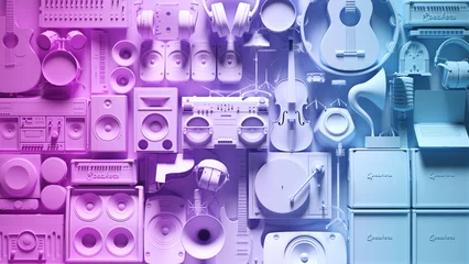 Küchenrückwand glas motiv Pink Blue Vibrant Musical Equipment Instrument Production Wall 3d illustration render © paul