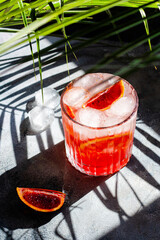 glass with cold mineral water with blood oranges and ice cubes on concrete background. Tropical palm leaf shadow. Sunlight and shadow background.