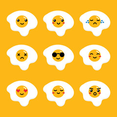 Set, collection, pack of eggs emoji, vector cartoon style icons of fried egg characters with different facial expressions, happy, sad, joyful, wearing sunglasses.
